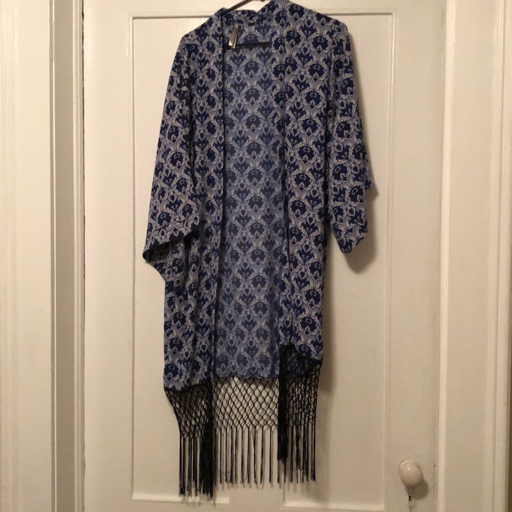 Blue and White Patterned Kimono with Fringe